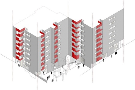 34 subsidized public housing units and commerical space